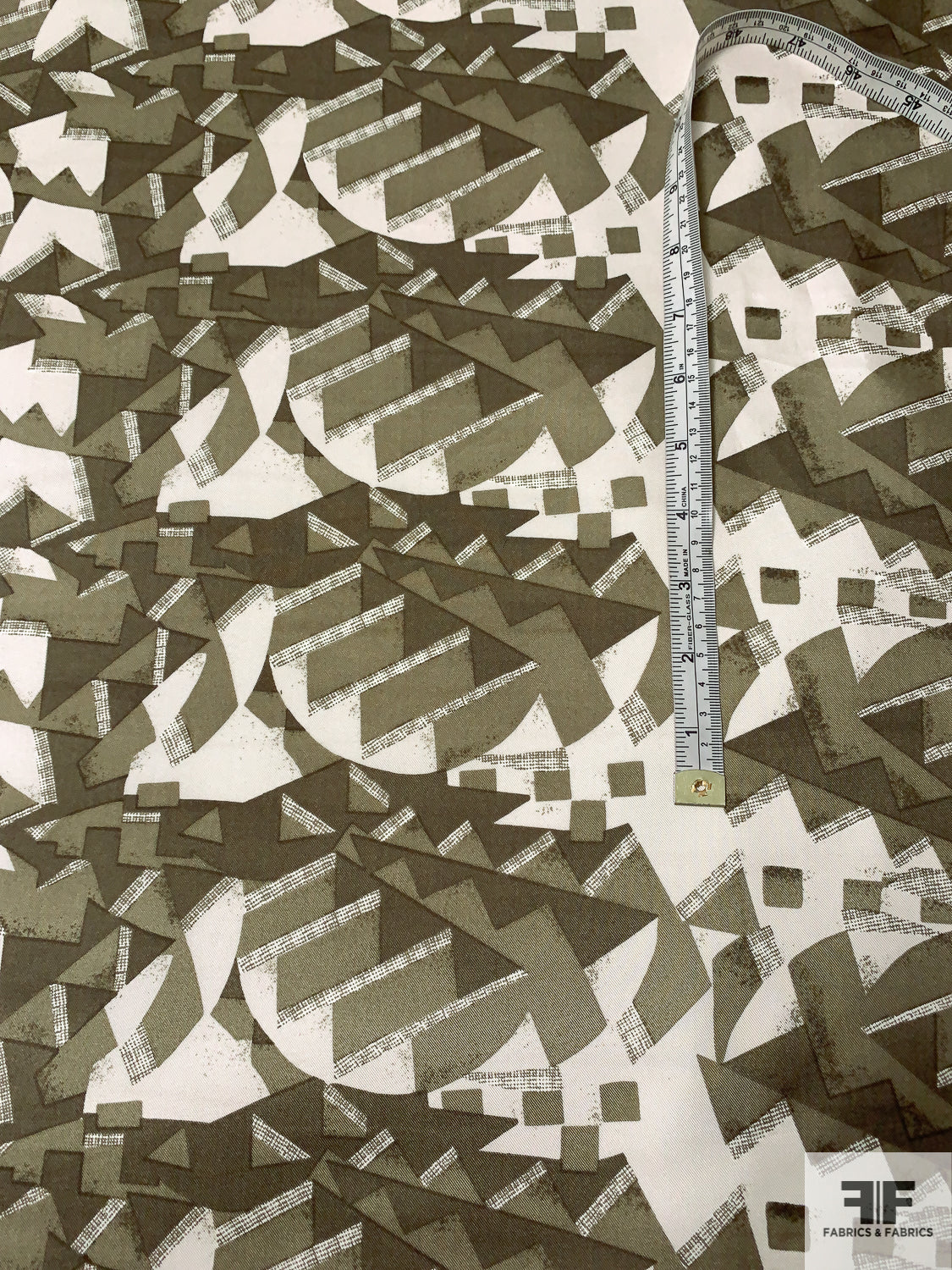 Geometric Graphic Printed Vintage Silk Twill - Shades of Olive / Off-White