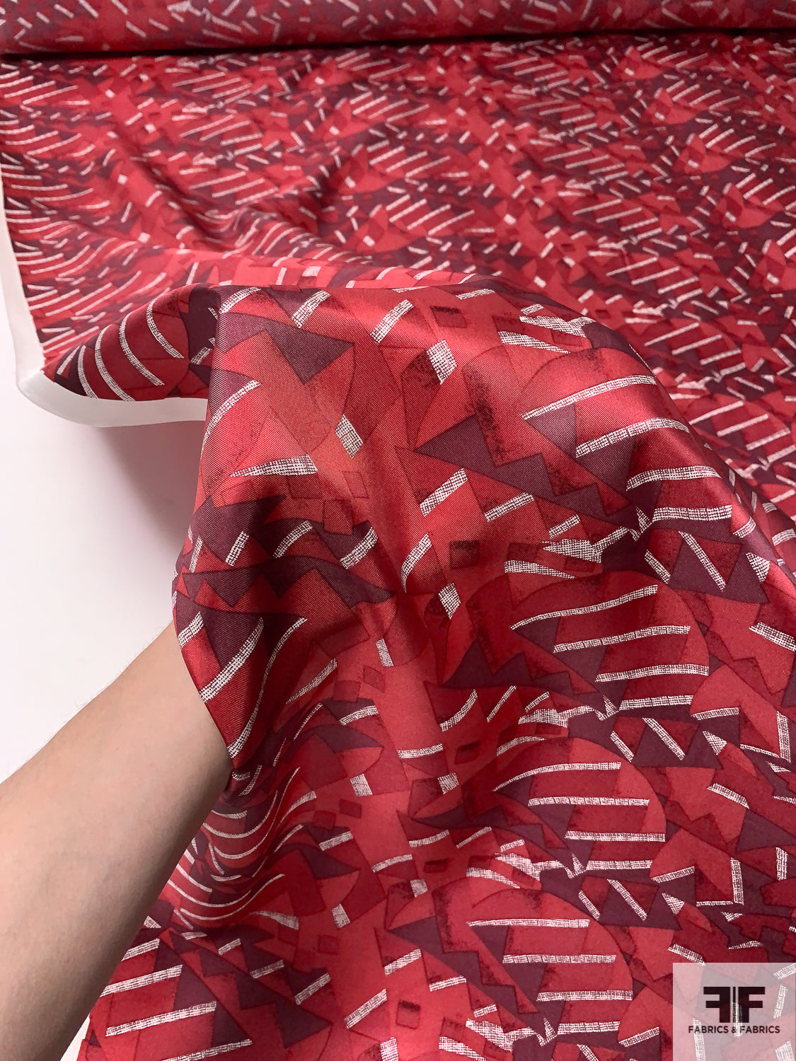 Geometric Graphic Printed Vintage Silk Twill - Shades of Red / Off-White