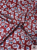 Playful Geometric Printed Vintage Fine Silk Twill - Dark Red / Blues / Dusty Purple / Off-White