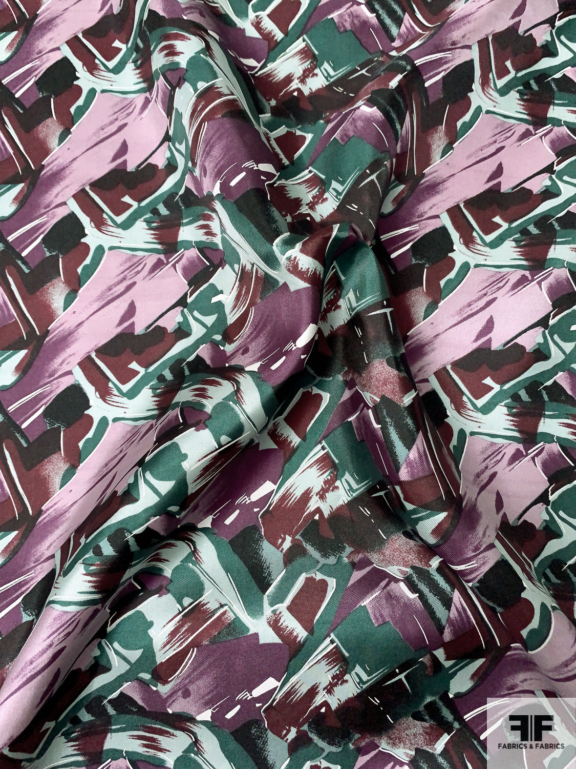 Abstract Graphic Printed Vintage Fine Silk Twill - Shades of Purple / Burgundy / Teal Green