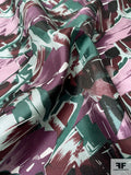 Abstract Graphic Printed Vintage Fine Silk Twill - Shades of Purple / Burgundy / Teal Green