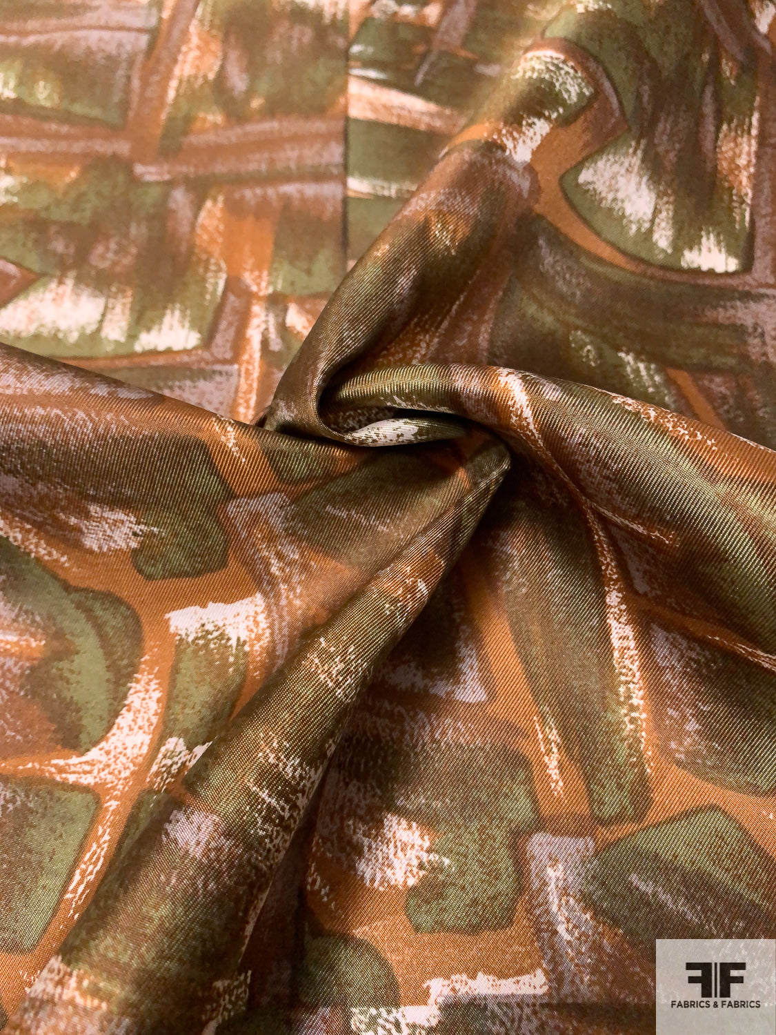 Graphic Shapes Printed Vintage Fine Silk Twill - Caramel / Brown / Olive Green
