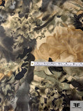 Romantic Floral Printed Vintage Fine Silk Twill - Smoky Olive / Black / Rustic Smoky Gold