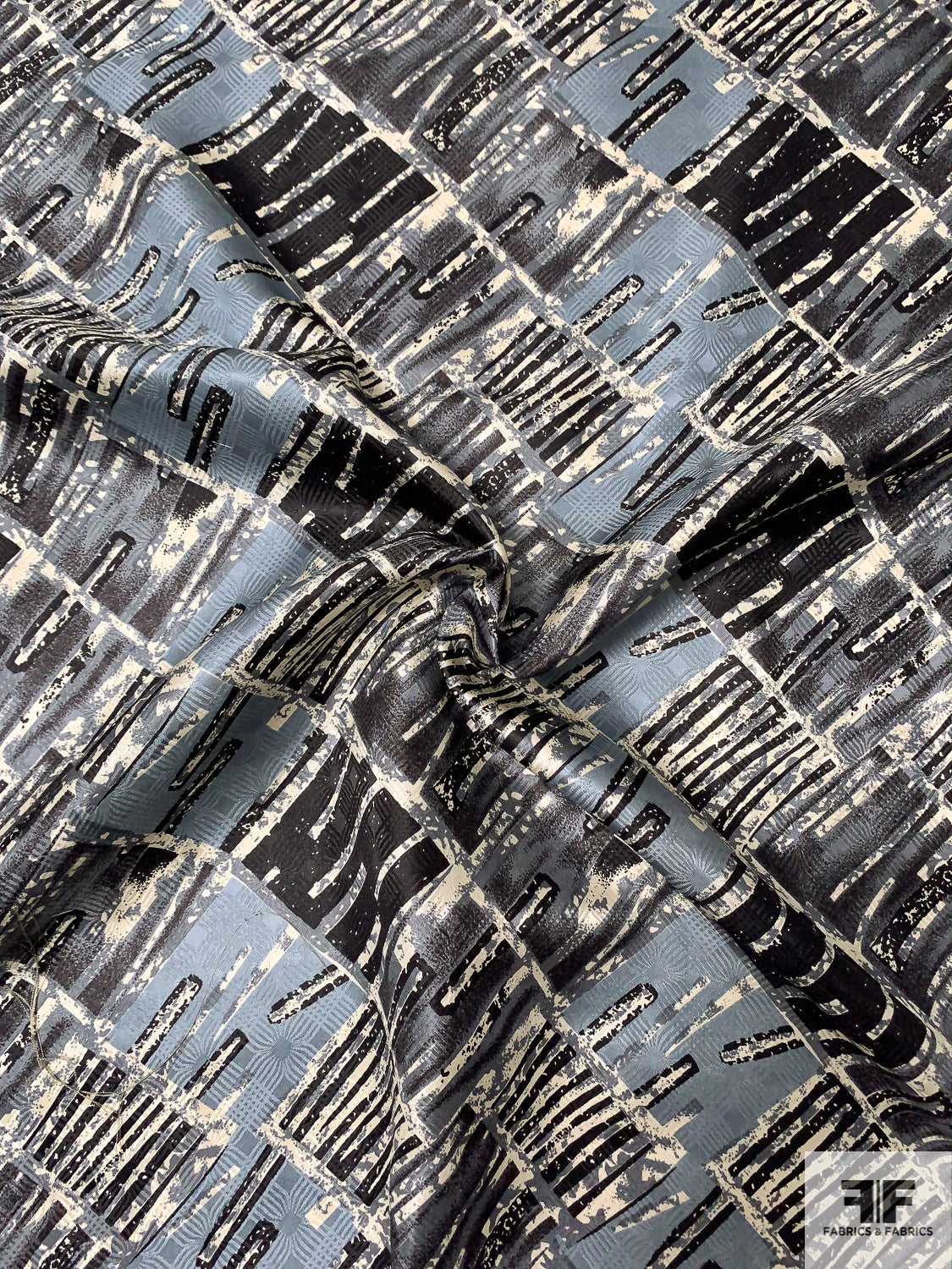 Checkerboard-Like Printed Vintage Silk Jacquard - Chalky Sky Blue / Black / Ivory / Grey