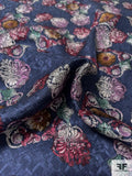 Ornate Floral Printed Vintage Silk Jacquard - Antique Navy / Merlot / Antique Mustard