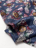 Ornate Floral Printed Vintage Silk Jacquard - Antique Navy / Merlot / Antique Mustard