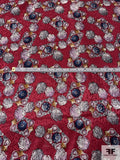 Ornate Floral Printed Vintage Silk Jacquard - Royal Red / Navy / Grey / Lavender