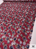 Ornate Floral Printed Vintage Silk Jacquard - Royal Red / Navy / Grey / Lavender