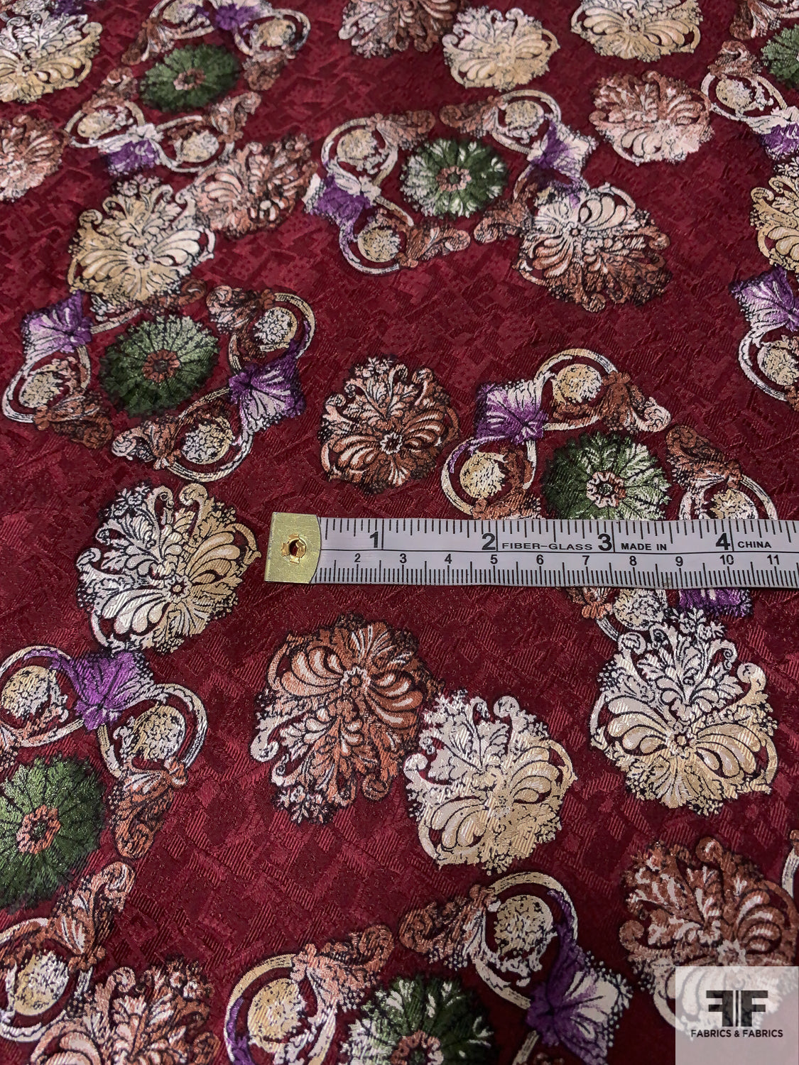 Ornate Floral Printed Vintage Silk Jacquard - Maroon / Mossy Green / Brown