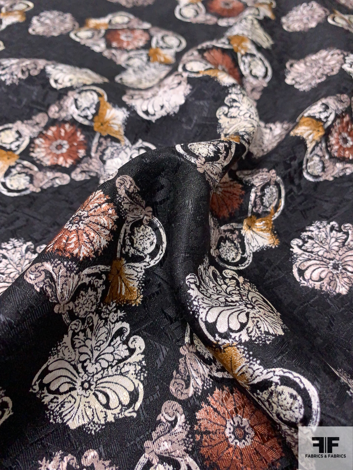 Ornate Floral Printed Vintage Silk Jacquard - Black / Brown / Antique Mustard / Off-White