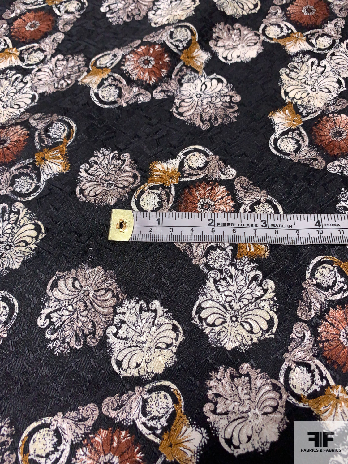 Ornate Floral Printed Vintage Silk Jacquard - Black / Brown / Antique Mustard / Off-White