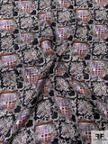 Ornate Grid Printed Vintage Silk Jacquard with Gauze-Like Weaving - Lavender / Black / Milk Chocolate