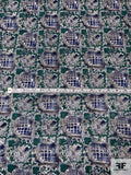 Ornate Grid Printed Vintage Silk Jacquard with Gauze-Like Weaving - Sacramento Green / Navy / Grey / Off-White