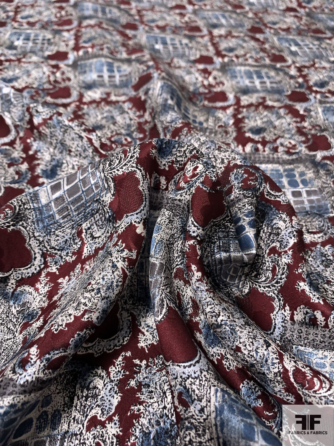 Ornate Grid Printed Vintage Silk Jacquard with Gauze-Like Weaving - Maroon / Dusty Blue / Off-White
