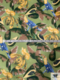 Italian Tropical Parrots and Avocados Printed Fine Silk Twill - Lime / Forest Green / Yellow / Tan