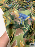 Italian Tropical Parrots and Avocados Printed Fine Silk Twill - Lime / Forest Green / Yellow / Tan