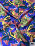 Italian Tropical Parrots and Avocados Printed Fine Silk Twill - Electric Indigo / Yellow / Lime / Dusty Rose