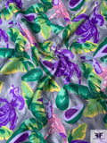 Italian Tropical Parrots and Avocados Printed Fine Silk Twill - Shades of Green / Grey / Purple