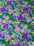 Italian Tropical Parrots and Avocados Printed Fine Silk Twill - Shades of Green / Grey / Purple