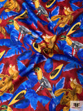 Italian Tropical Parrots and Avocados Printed Fine Silk Twill - Royal Blue / Red / Golden Yellow