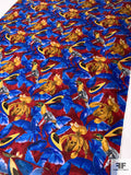 Italian Tropical Parrots and Avocados Printed Fine Silk Twill - Royal Blue / Red / Golden Yellow