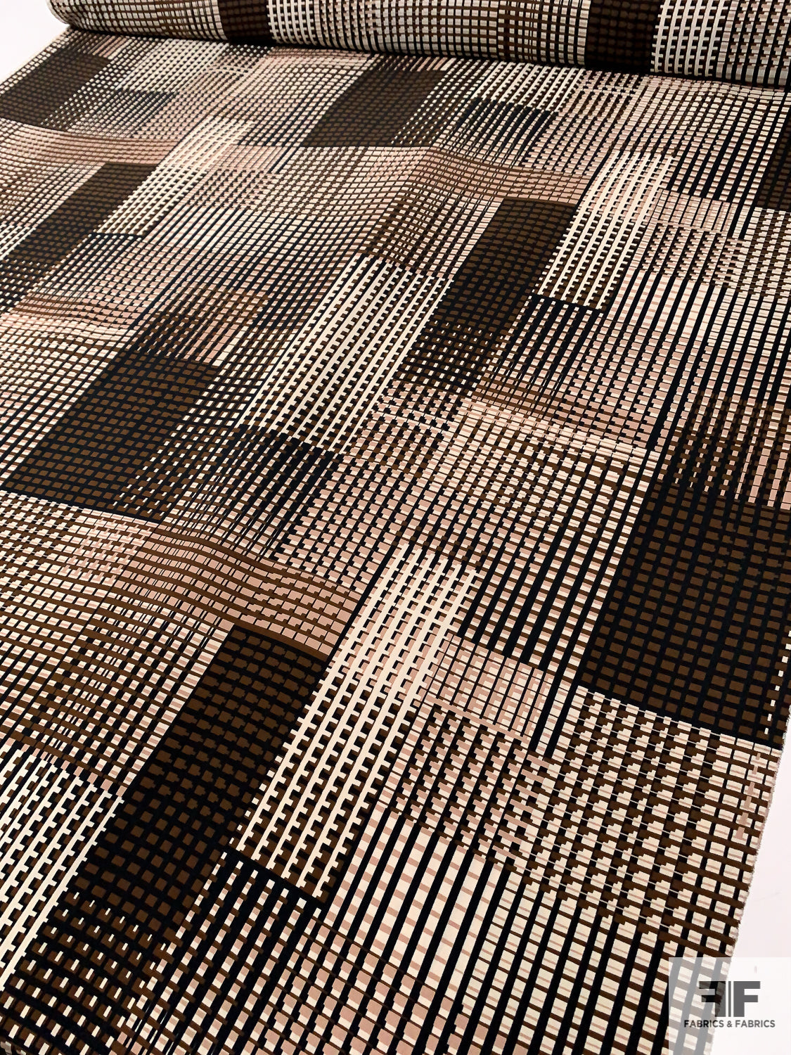 Collage Plaid Printed Lightweight Polyester Peachskin - Brown / Tan / Black / Beige