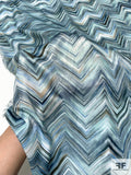 Painterly Chevron Printed Polyester Charmeuse - Seafoam / Shades of Blue / Rusty Black