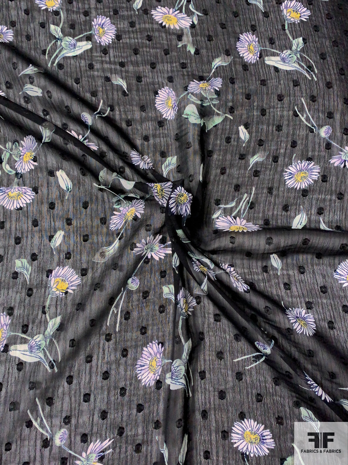 Dainty Floral Printed and Clip Dot Polyester Chiffon - Black / Light Violet / Dusty Green / Yellow