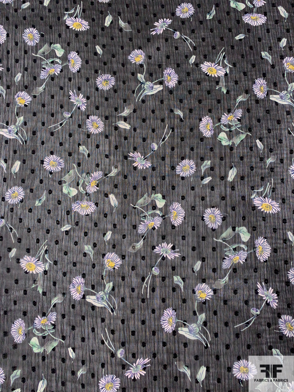 Dainty Floral Printed and Clip Dot Polyester Chiffon - Black / Light Violet / Dusty Green / Yellow
