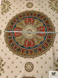 Vintage Large Ornate Circle Medallion Printed Silk Shantung - Antique Earth Tones / Deep Red / Navy