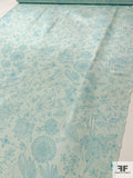 Sunflower and Floral Printed Silk Crepe de Chine - Pale Aqua / Turquoise
