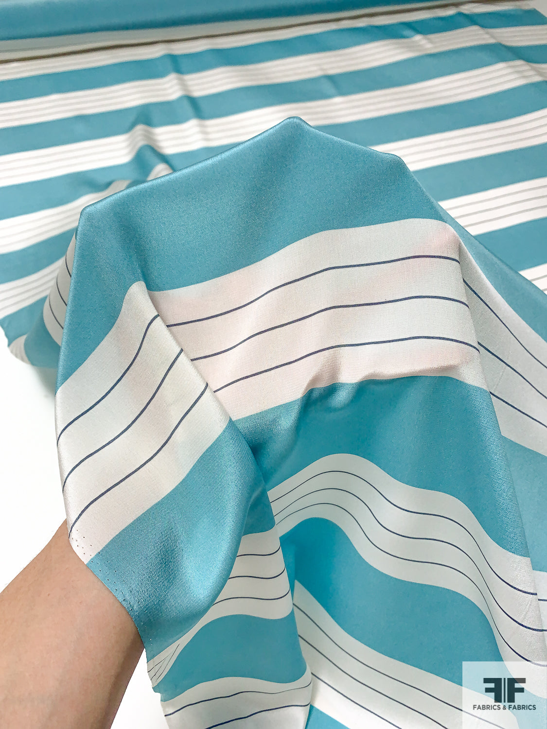 Horizontal Striped Printed Silk Crepe de Chine - Soft Turquoise / Off-White / Navy