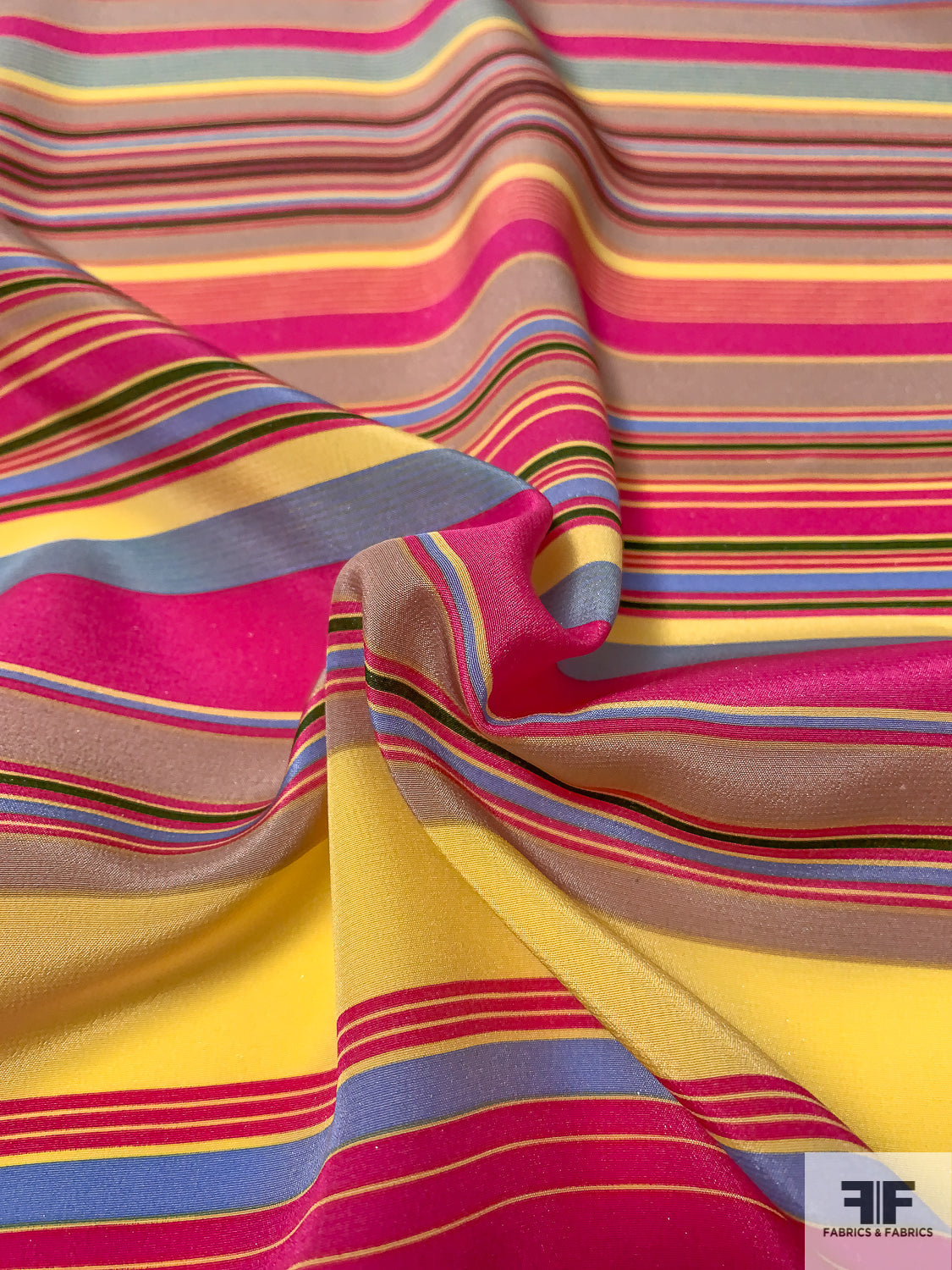 Horizontal Multi-Size Striped Printed Silk Crepe de Chine - Hot Pink / Yellow / Multicolor