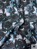 Painterly Floral Printed Heavy Stretch Silk Georgette - Dusty Turquoise / Aqua / Black / Grey