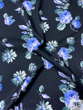 Romantic Floral Printed Stretch Silk Twill - Deep Periwinkle / Evergreen / Black
