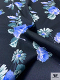 Romantic Floral Printed Stretch Silk Twill - Deep Periwinkle / Evergreen / Black