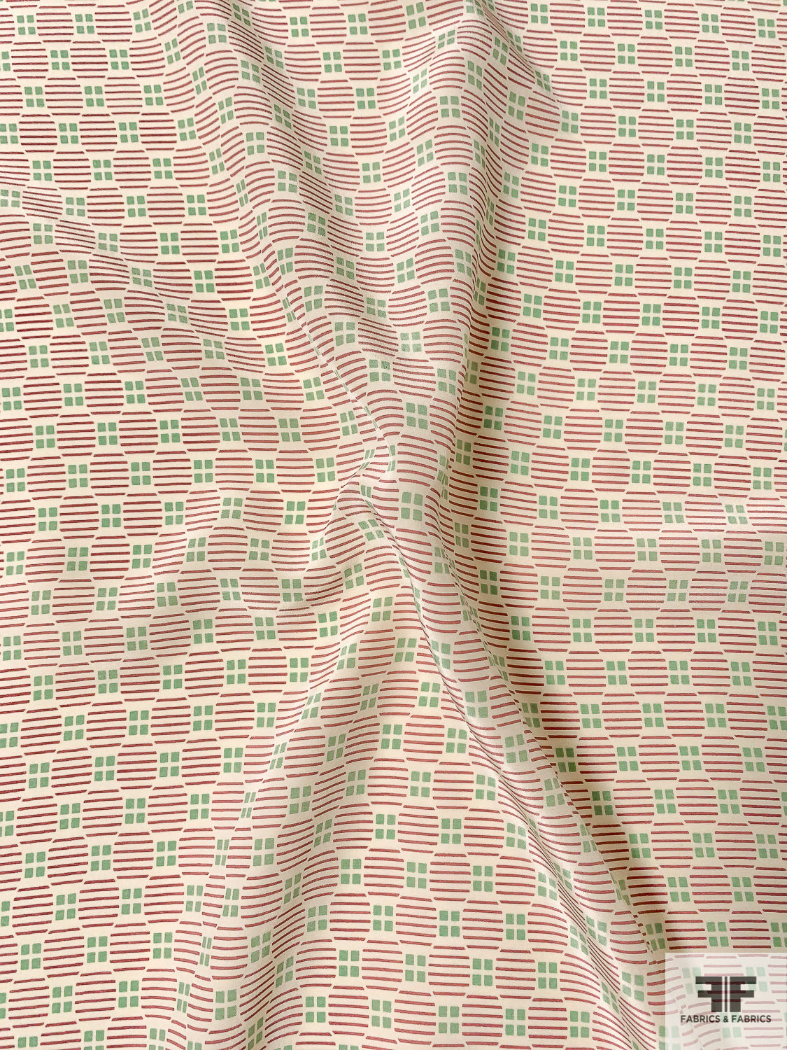 Geometric Field Printed Silk Crepe de Chine Silk Crepe de Chine - Green / Dusty Rose / Cream