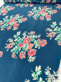 Floral Bouquets Printed Silk Crepe de Chine - Ocean Navy / Teal / Aqua / Peach / Pink
