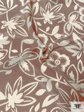 Playful Floral Stems Printed Silk Crepe de Chine - Taupe Brown / Ivory