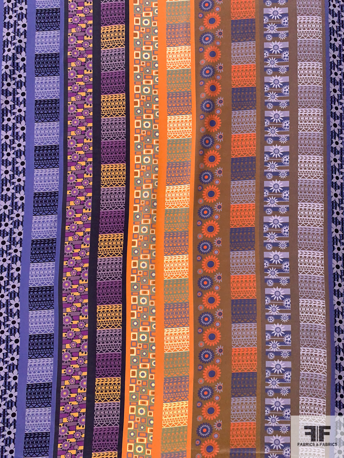 Boho Chic Printed Silk Crepe de Chine - Purples / Oranges / Taupe Brown