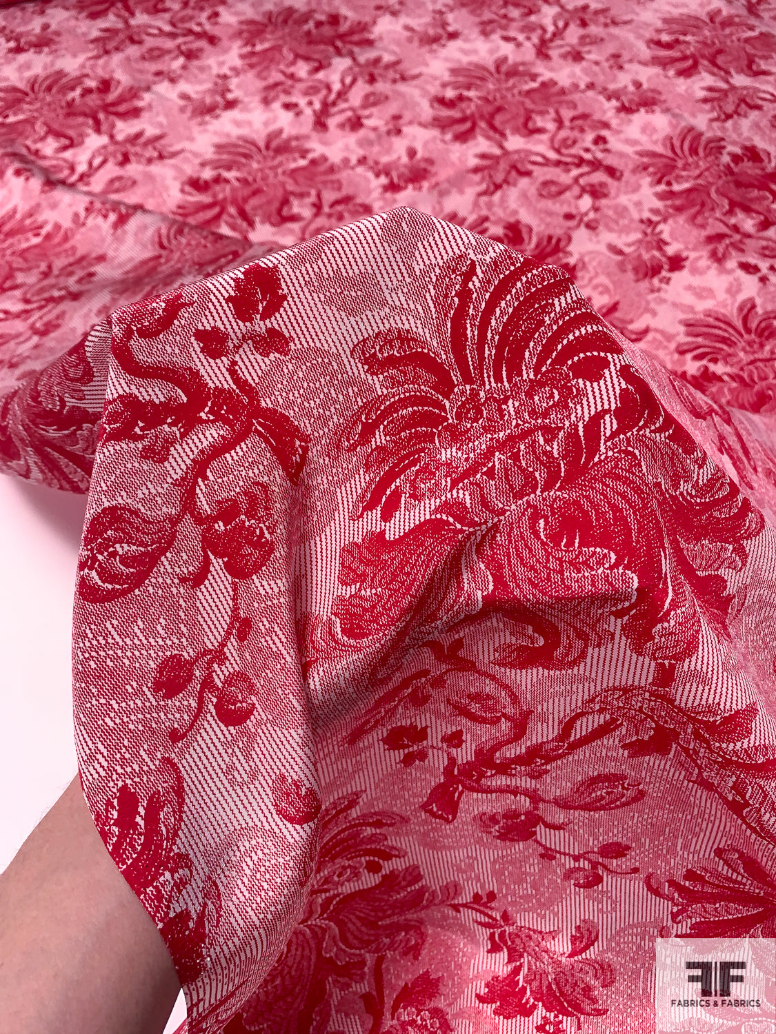 Ornate Regal Floral Printed Silk Crepe de Chine - Red / Off-White