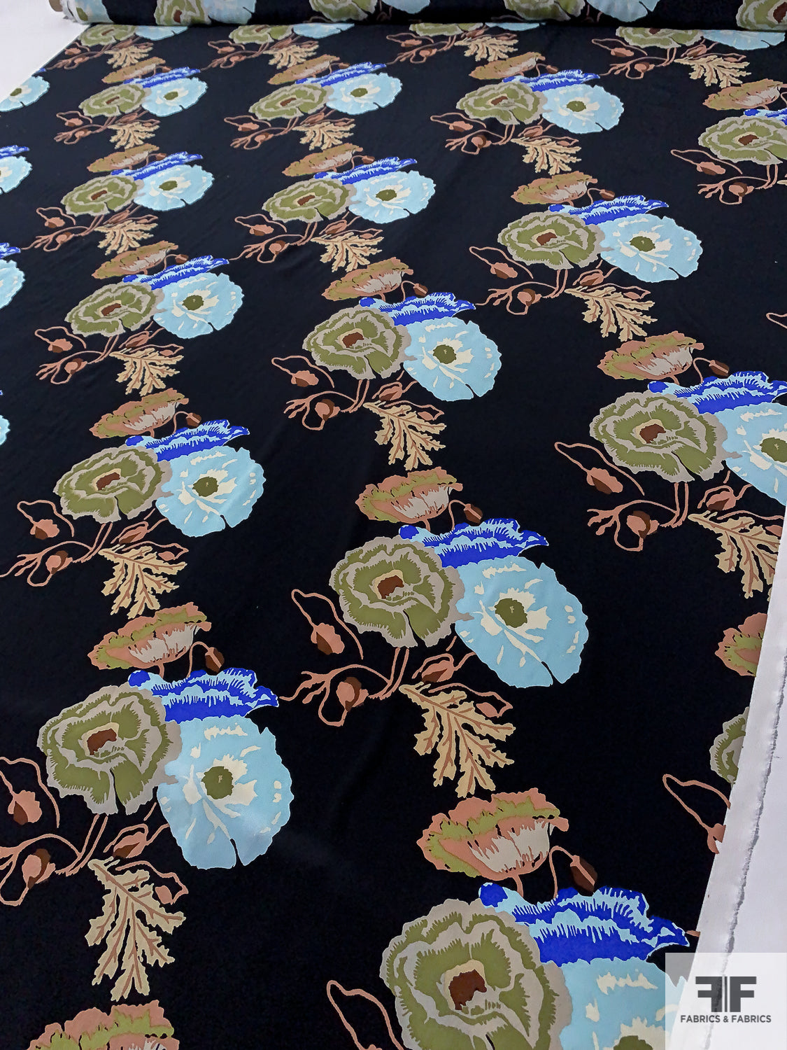 Diagonal Floral Printed Silk Crepe de Chine - Sky Blue / Lime / Dusty Coral / Black