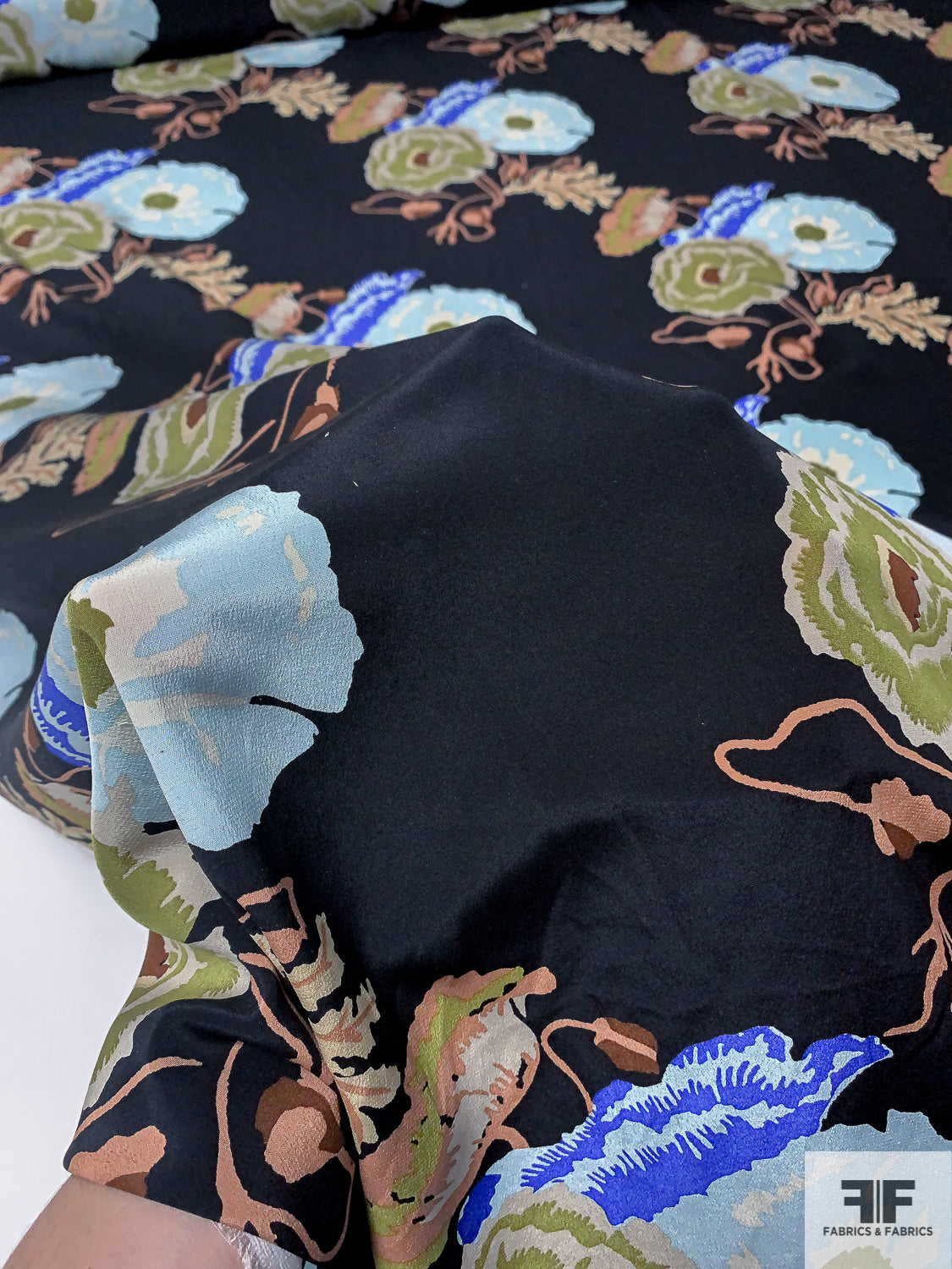 Diagonal Floral Printed Silk Crepe de Chine - Sky Blue / Lime / Dusty Coral / Black