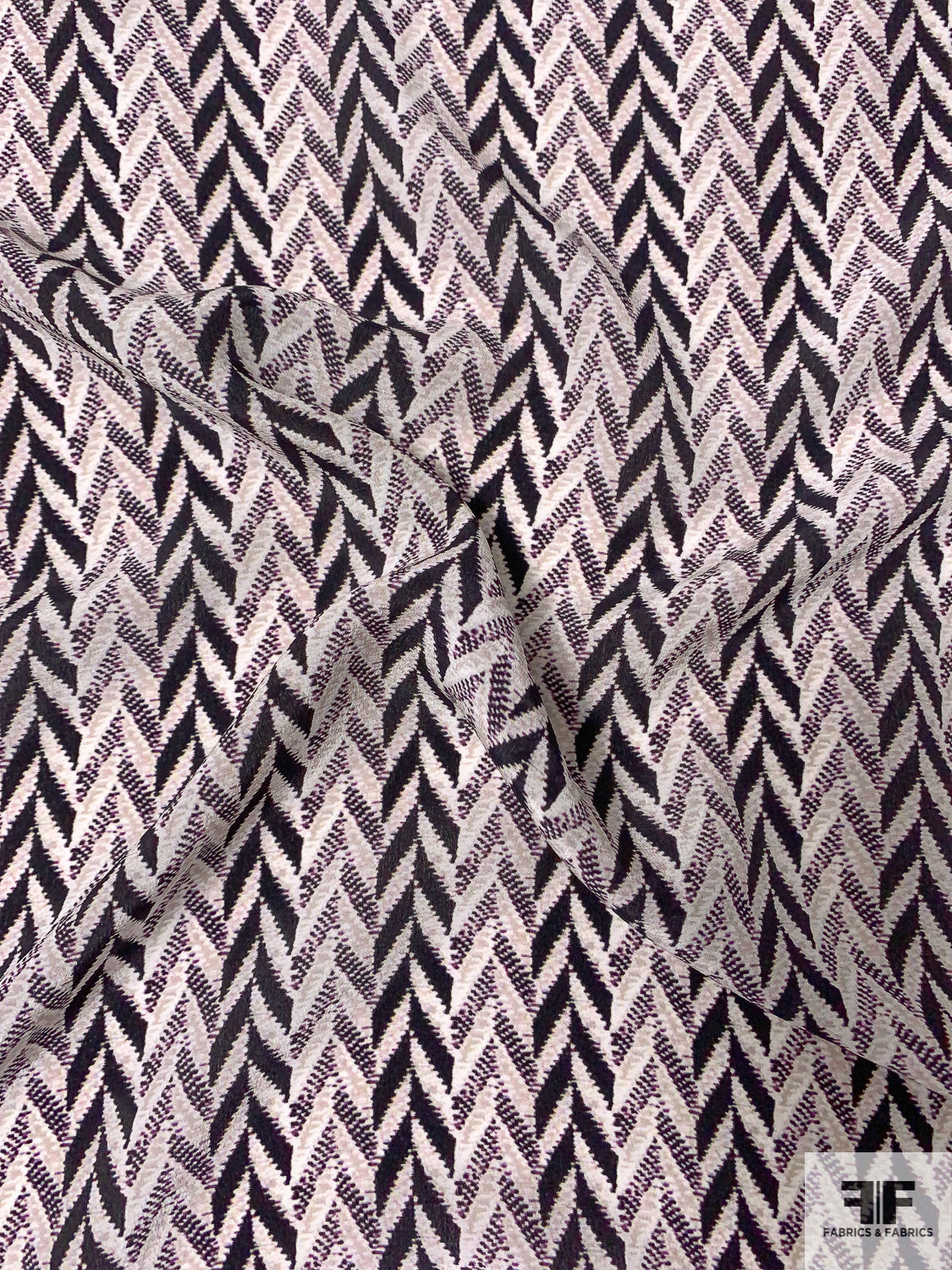 Herringbone Printed Silk Crepe de Chine - Black / Grey / Purple