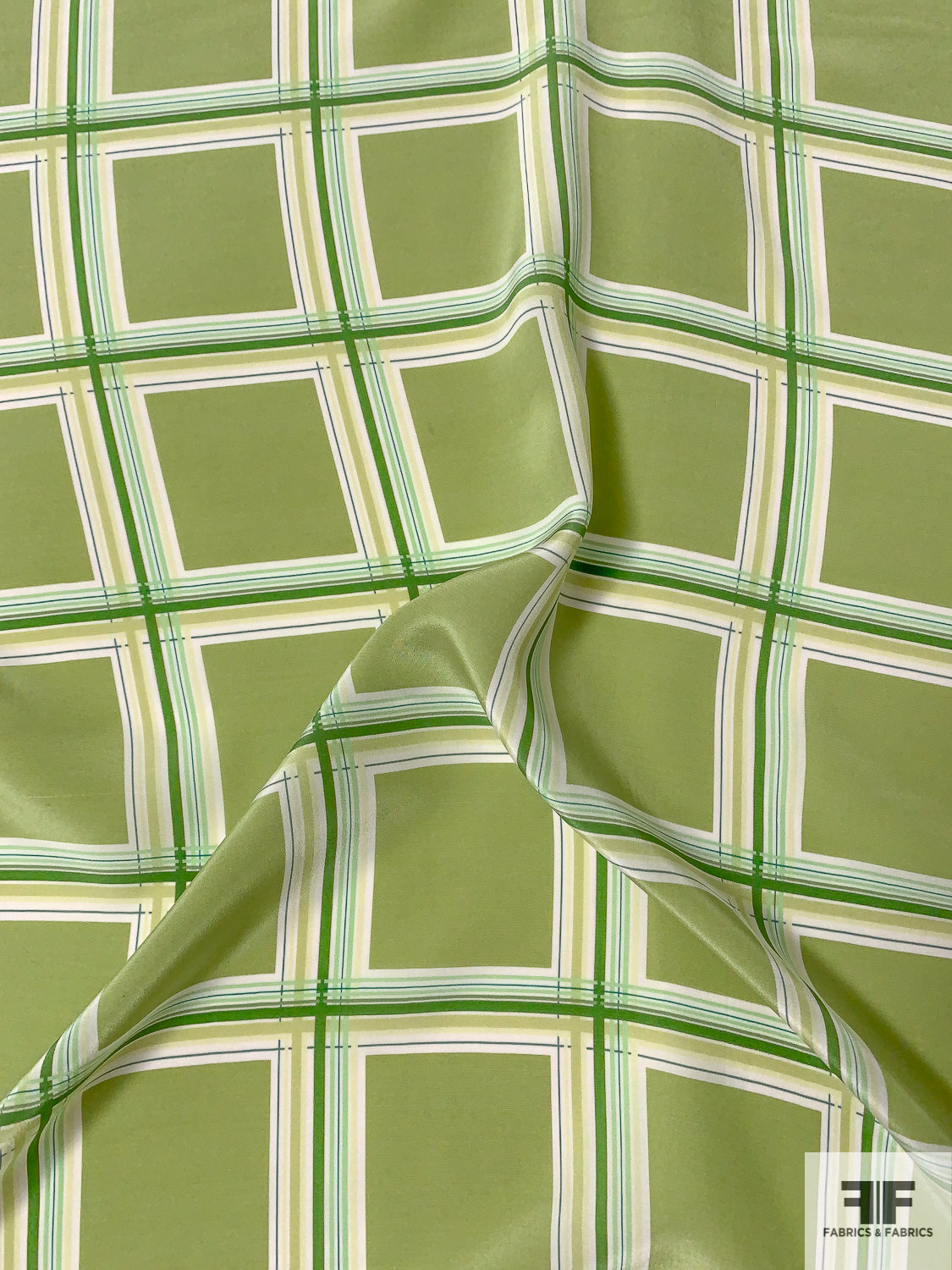 Windowpane Plaid Printed Silk Crepe de Chine - Shades of Green / White