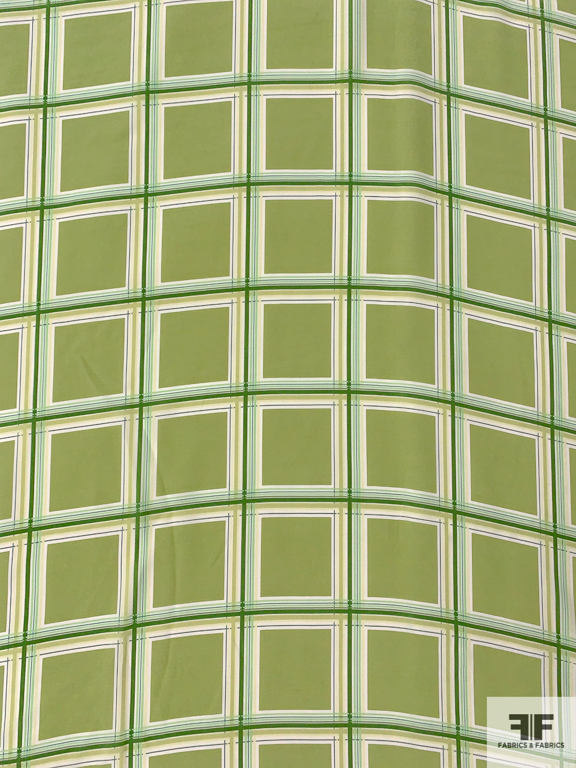 Windowpane Plaid Printed Silk Crepe de Chine - Shades of Green / White