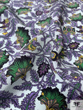 Ornate Leaf and Vines Printed Silk Crepe de Chine - Lavender / Green / Light Sky Blue