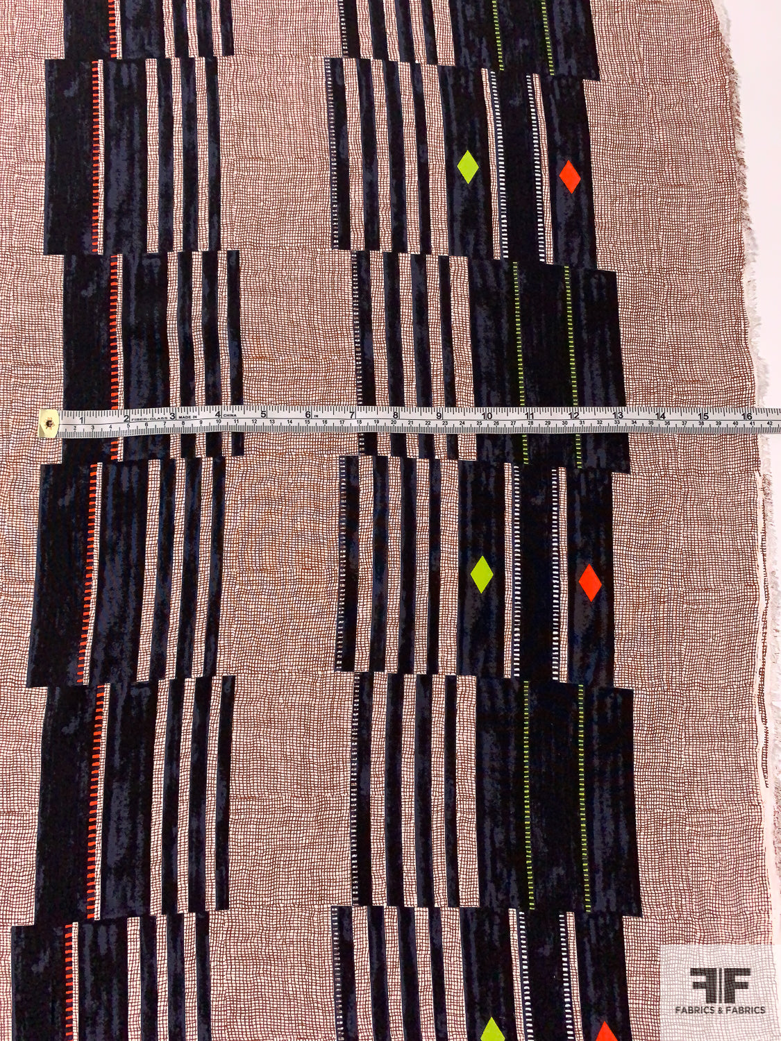 Pixelated Boho Border Pattern Printed Silk Crepe de Chine - Brown / Black / Lime