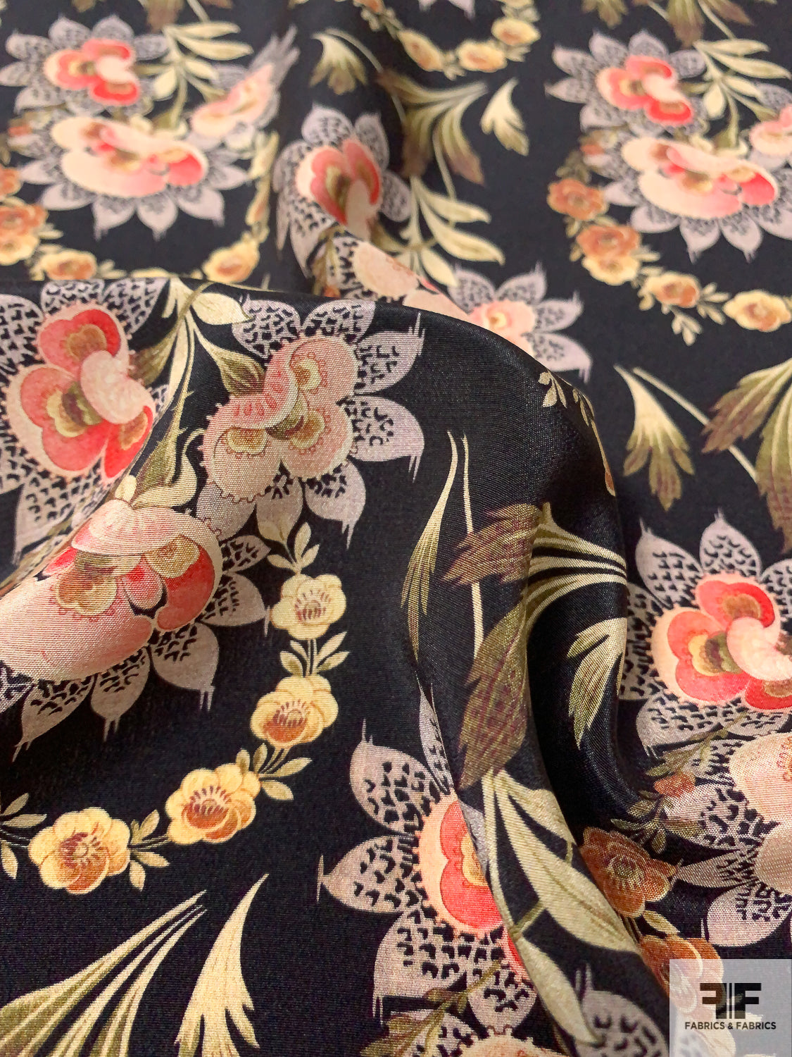 Field of Floral Bouquets Printed Silk Crepe de Chine - Coral / Olive / Eggnog / Black
