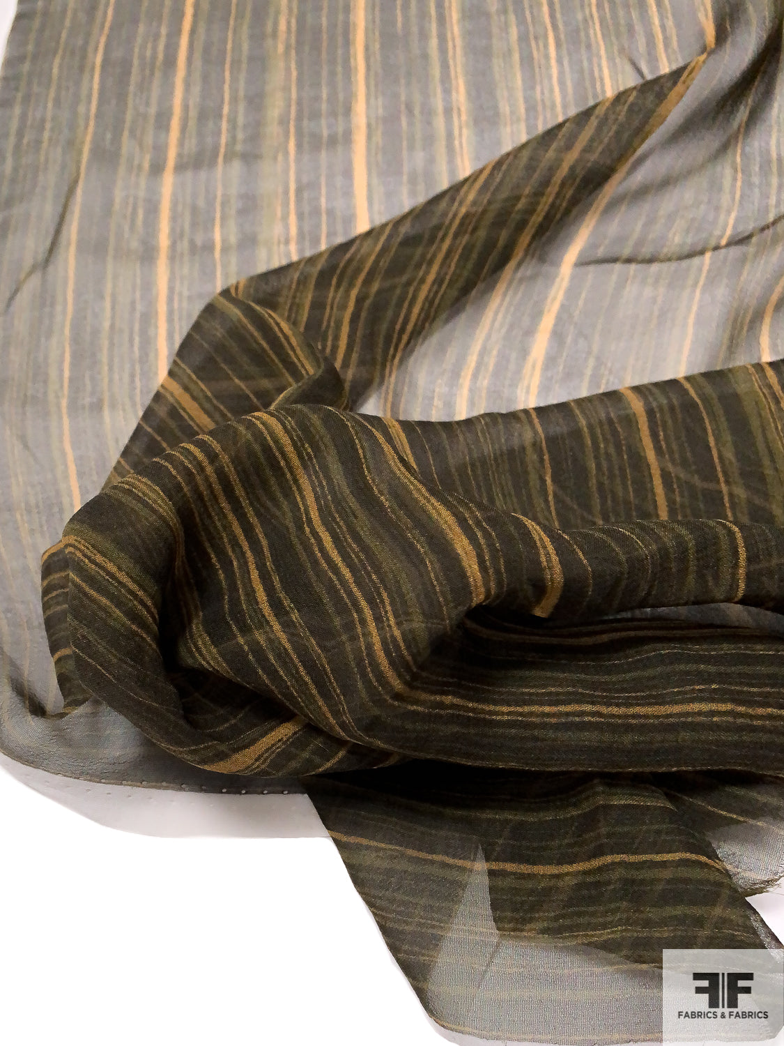 Streaky Vertical Striped Printed Silk Chiffon - Olive Green / Ochre / Black